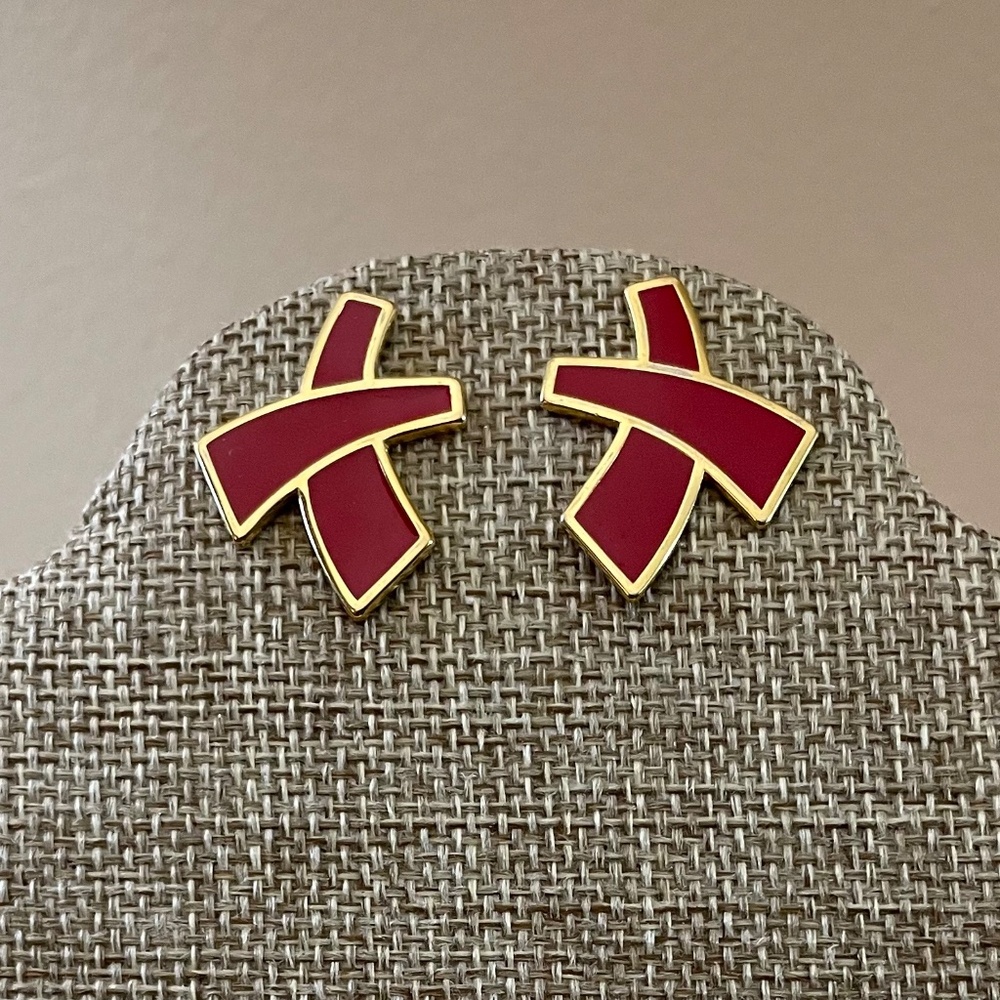 Vintage Monet Earrings Red Gold-Toned Big X Love Kisses Costume Jewelry